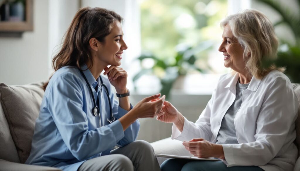 doctora sonriendo mientras habla con paciente