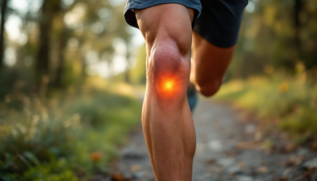 corredor con dolor en rodilla destacado en camino boscoso dolor pierna frontal