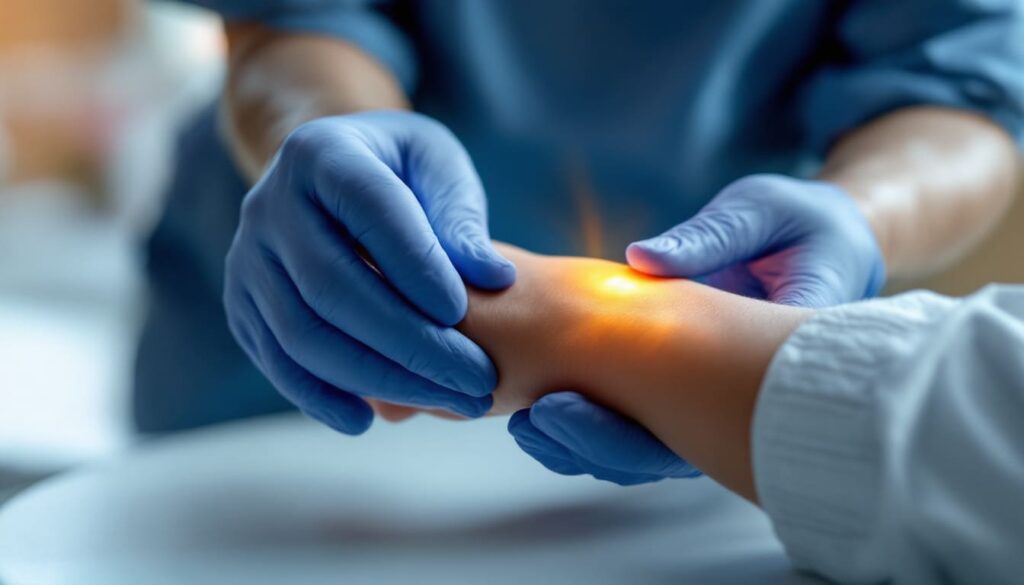 doctor revisando inflamacion en muneca con zona roja iluminada