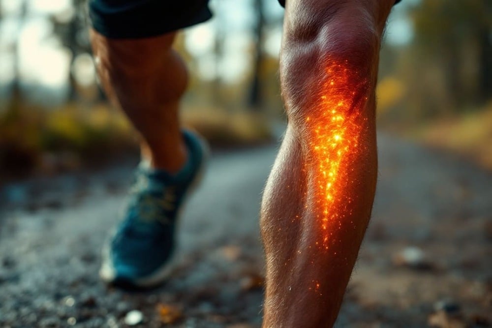 lesion en pantorrilla deportista corriendo en sendero naturaleza zona afectada iluminada