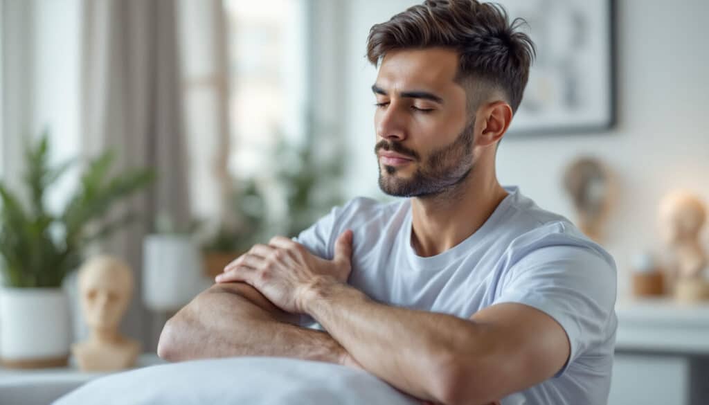 hombre tocándose los brazos