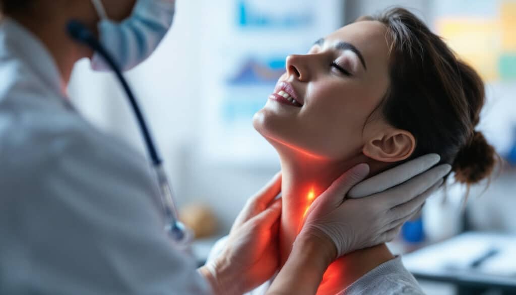 médico tocando cuello mujer