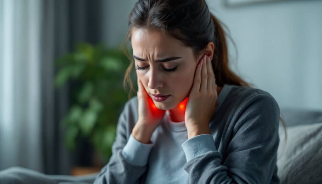 mujer tocándose el cuello