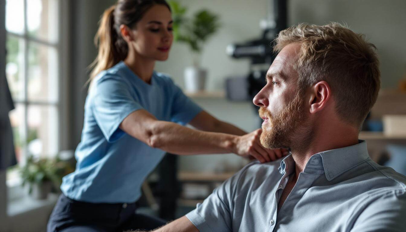 fisioterapeuta con manos sobre hombre